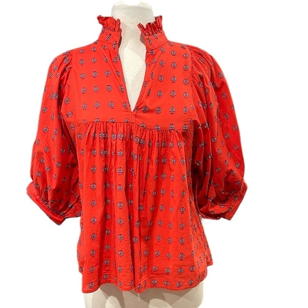 Never A Wall Flower Embroidered Red Puff Sleeve Top SZ M
